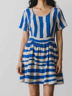 Christopher Deane Women’s Sz 8 100% Silk Mini Dress Blue Gray Abstract Striped
